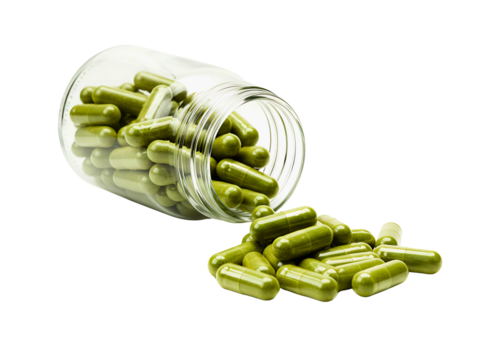Amber pill bottle tipped over spilling red and green capsules isolated on transparent background