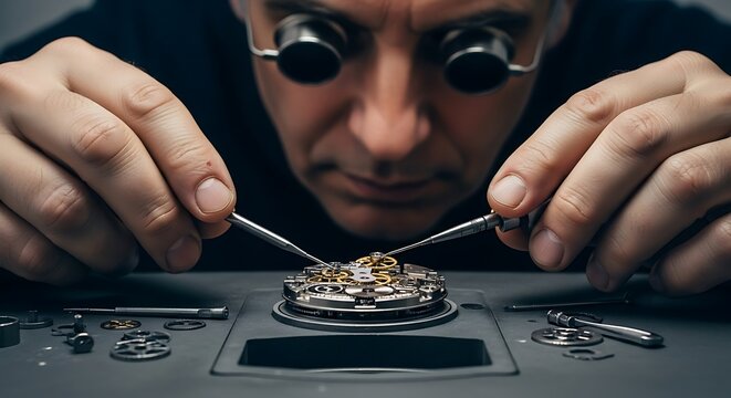 Watchmaker's Precision Close-up of a Skilled Watchmaker at Work, Repairing a Watch