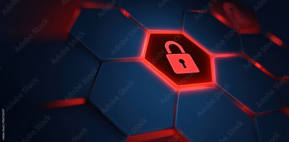 Poster vpn protection. digital hexagonal pattern with a lock symbol glowing in red.