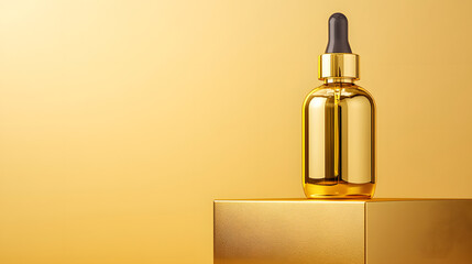 Golden serum bottle with dropper stands on metallic box, reflecting luxury and elegance, perfect for skincare or cosmetic product mockup, evoking premium and sophisticated mood