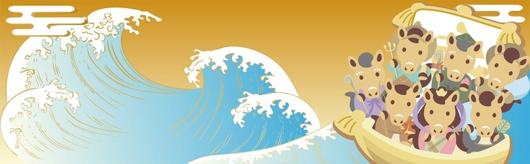 バナー　フレーム　年賀状2026　年賀2026　七福神　午　午年　馬　海　テンプレート　イラスト素材