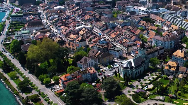 An Panoramic aerial of the old town of the city Morges in Switzerland on a sunny day in summer