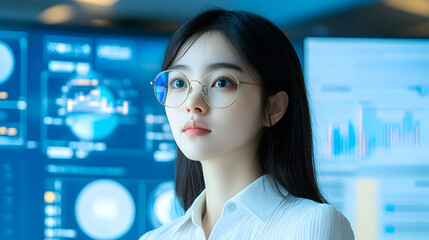 Young woman glasses white shirt data technology digital analysis professional blue portrait Calm young woman with glasses and white shirt stands front of digital data screens conveying