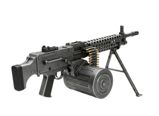 Heavy machine gun with bipod and ammo box isolated on transparent background