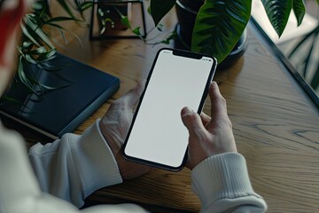 Clear Pixel Picture of Closeup Hands Using Smartphone Mockup at the Office Desk