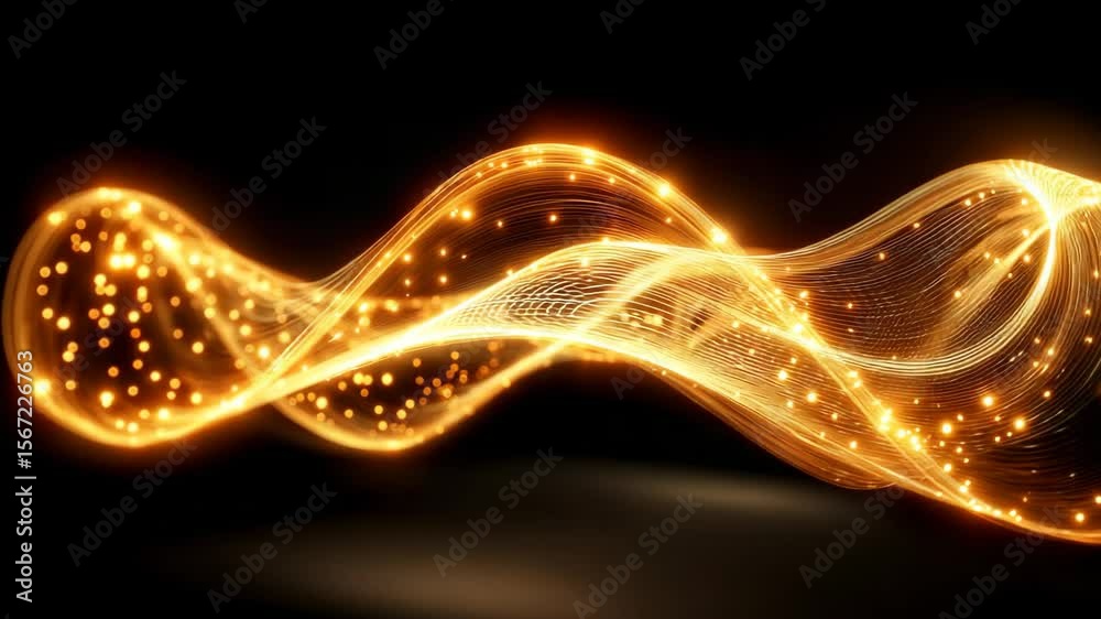 Poster dynamic glowing golden wave patterns with sparkling particles in motion