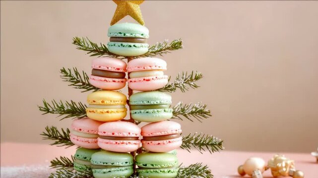 A tree made of macarons with a star on top. The tree has three levels and is made of different colored macarons