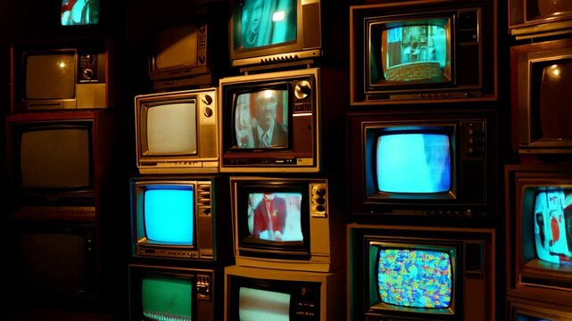 Retro tvs display static and flickering screens in dim room