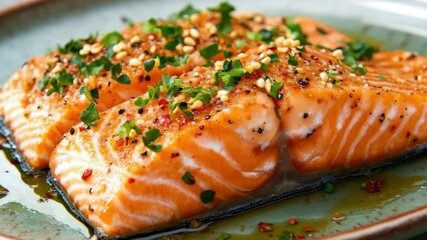 Seared salmon pieces seasoned with garlic and herbs, garnished with cilantro and ginger. A healthy and delicious meal option.
