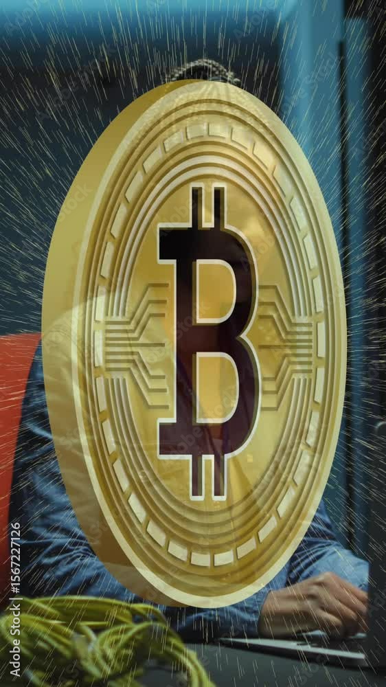 Poster animation of bitcoin and data processing over female it engineer by computer servers