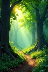 Magical Sunlight Dapples Lush Forest Floor, Ancient Trees Create Enchanting Fairy Tale Atmosphere - Perfect for Fantasy, Nature, and Fairytale Themes