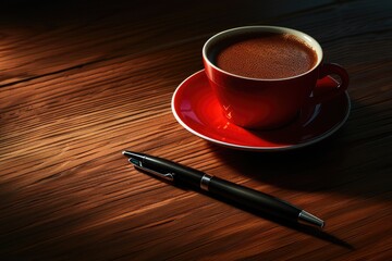 High Quality Visual of a Cup of Coffee and a Pen on a Table with a Pen and a Pen