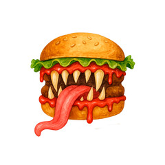 Watercolor Halloween Monster Burger with Tongue and Bloody Filling
