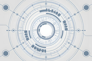 Futuristic technology displays a complex circular blueprint with connection nodes, ideal for engineering and science concepts.