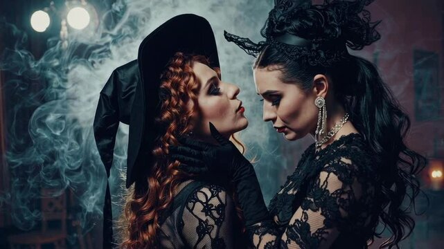 Two sensual witches dressed in black lace kiss intimately in seduction games. Fantasy and erotica. Perfect for adult content, Halloween, or projects exploring seduction, fantasy, and feminine power.