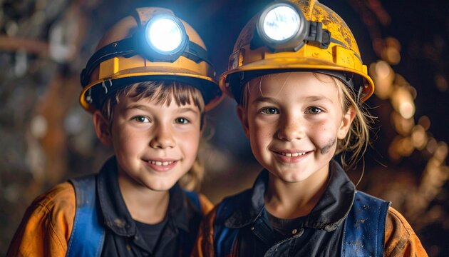 Children Dressed as Coal Miners Exploring a Dimly Lit Mine Tunnel, Wearing Helmets with Headlamps and Charcoal-Stained Faces; Gritty, Dramatic, and Immersive Historical Role Play Adventure - Powered by Adobe