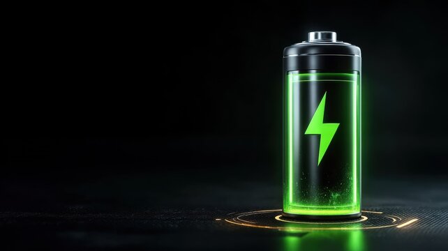 Green electric battery technology for energy storage. Battery charging with a green lightning symbol on a dark background.