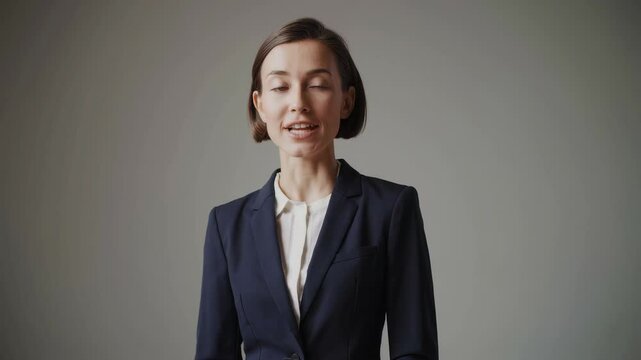 Professional woman with short dark brown hair in a navy blazer, standing and speaking to the camera with a neutral office background. Great for HR presentations, corporate explainers, and workplace tu