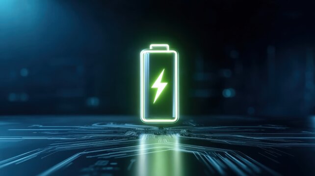Green electric battery technology for energy storage. Battery icon glowing with electric energy on a digital background