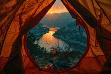 High Definition Visual of Orange Illuminated From Inside Tent Above River at Sunset
