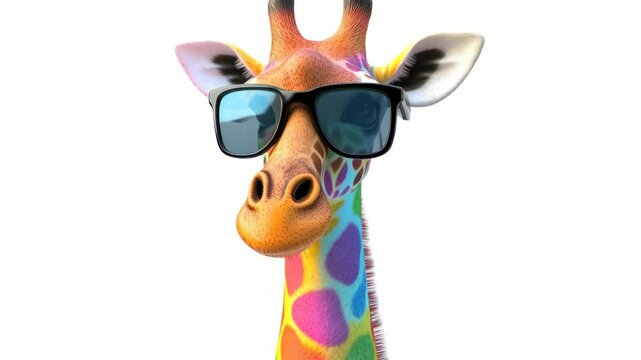 A giraffe wearing sunglasses. The giraffe has a colorful pattern on its face