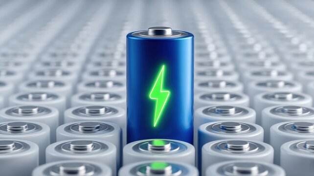 Green electric battery technology for energy storage. Vibrant battery surrounded by standard batteries, highlighting energy focus.