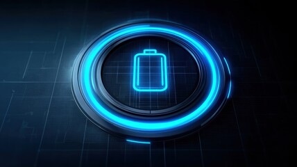Naklejka premium Green electric battery technology for energy storage. Futuristic battery icon with glowing blue circle on a digital background.