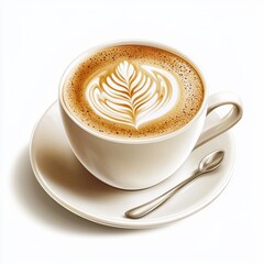 Close-up of a white ceramic coffee cup with latte art in a leaf pattern on a saucer with a spoon isolated on white background