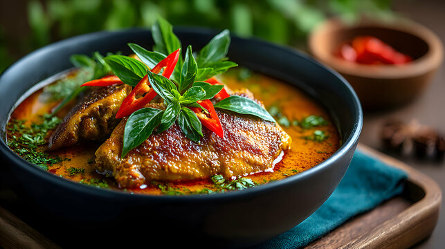 Close-up of doro wat chicken stew with vibrant spices, blurred kitchen interior right