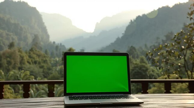 Laptop with green screen on a wooden table, overlooking a serene mountain landscape with mist. Ideal for technology, remote work, or nature-inspired content.