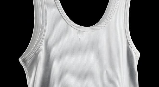 Classic White Ribbed Cotton Tank Top Isolated on Black Background, Comfortable Sleeveless Undershirt Apparel