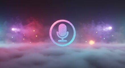 Glowing Microphone Icon in Abstract, Dreamy, Colorful, Smoky Background