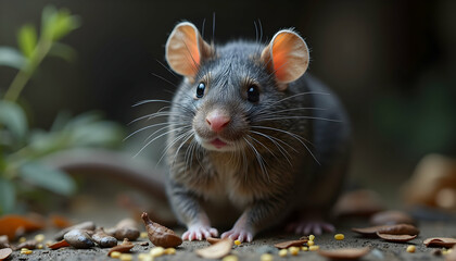 Close Up of a Gray Mouse on Ground with Leaves and Seeds