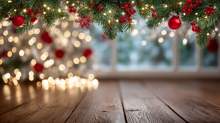 Close up of festive Christmas tree branches decorated with red baubles and berries with warm glowing lights in the background on wooden floor