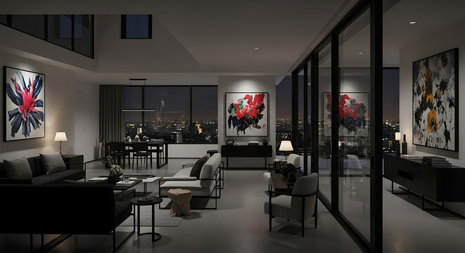 Fototapeta Modern living room interior with large windows overlooking a city at night, featuring contemporary furniture and abstract art.