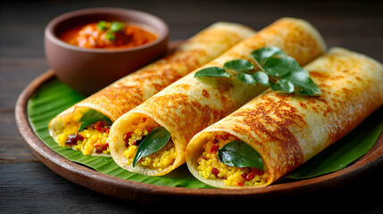 Close-up of crispy dosa with visible turmeric and mustard seeds, served with coconut chutney, blurred soft morning sunlight