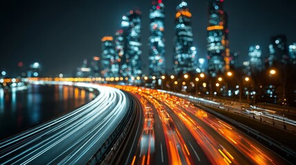 Fototapeta premium Business Project Management Night Cityscape with Traffic Motion Blur and Illuminated Skyscrapers