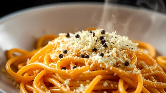 Steaming Spaghetti Cacio e Pepe with Falling Cheese and Black Pepper Close Up