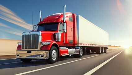 Red semi-truck on a highway at sunrise.