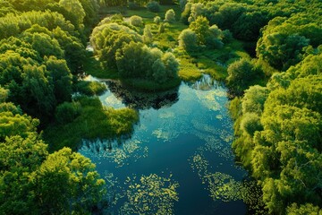 Detailed Visual  of Wetlands in the Summer Forest View From the Drone