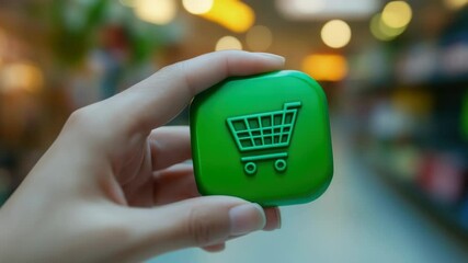Hand-held green reusable shopping bag with wheels and a handle, suitable for grocery stores, eco-friendly, lightweight, plastic-free.