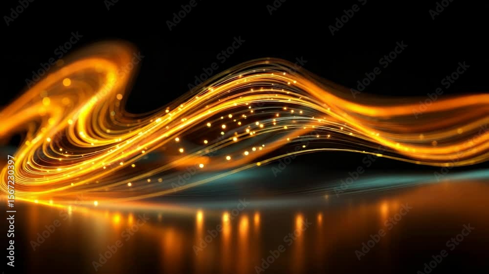 Poster dynamic golden light waves with sparkling particles in motion for visual effects