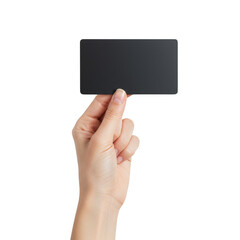 Hand holding dark card mockup isolated on transparent background. use cases: business, gift, credit.