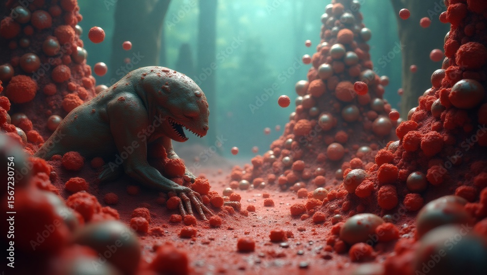 Fototapete a mysterious creature surrounded by a swarm of red orbs in a forest setting. the creature appears to