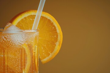 Clear Pixel Picture of Glass of Iced Orange Juice with a Straw and a Sliced Orange