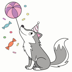 Funny  Grey Wolf, set in a charming Birthday theme – Candy Shop color vector art
