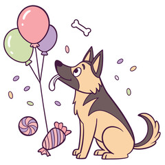 Vector illustration of a Surprised  German Shepherd, styled in a Birthday theme using Candy Shop colors