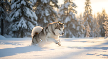 Naklejka premium A fluffy Alaskan Malamute dog runs through deep snow in a sunlit winter forest.