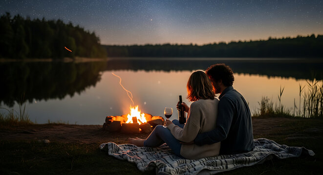 Romantic couple enjoying a campfire by a lake at twilight.