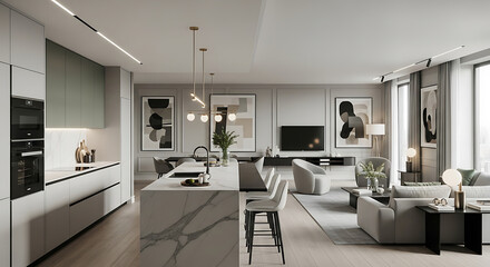 Modern open-plan apartment showcasing a sleek kitchen and luxurious living area.
